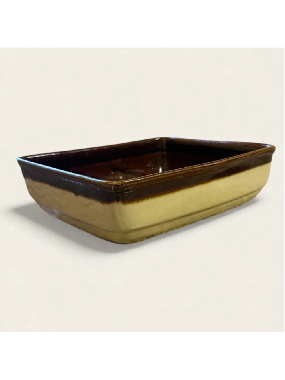 Vintage Mid-Century Stoneware Casserole Dish Brown & Beige Rectangular Baker